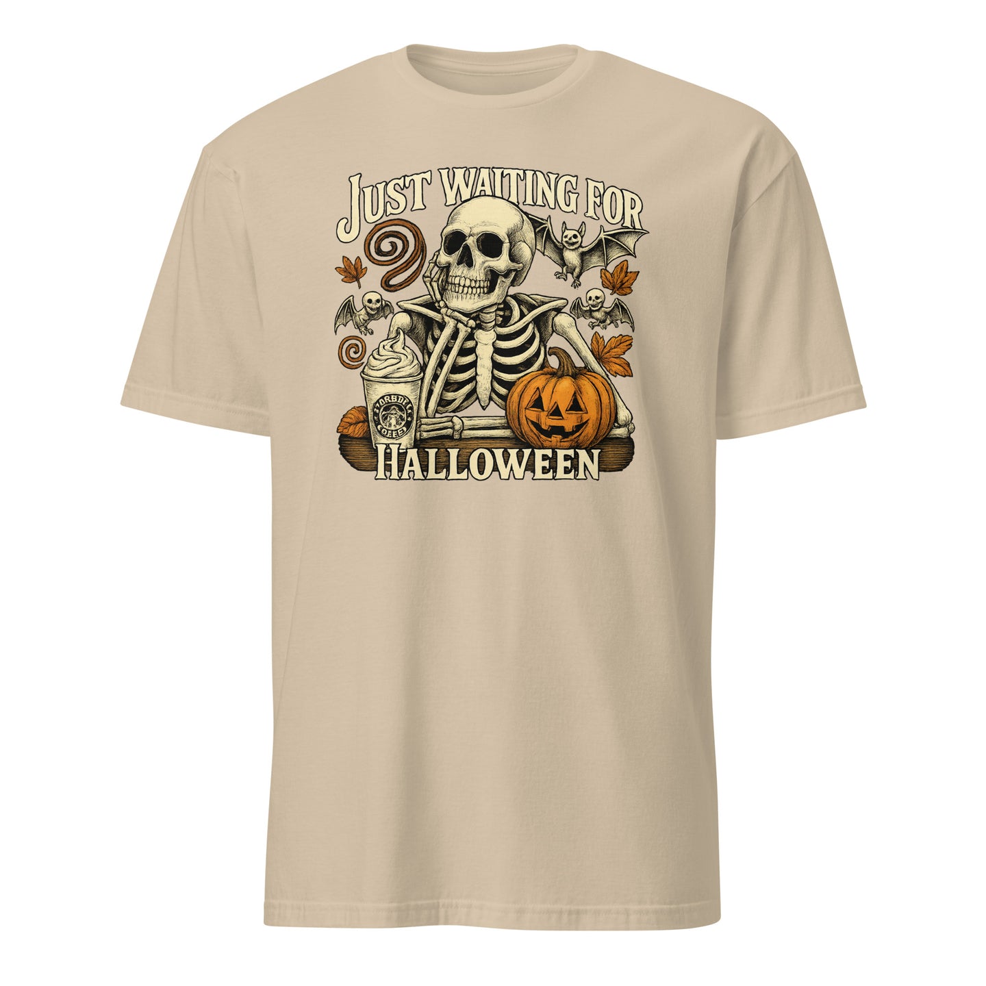 Just Waiting for Halloween Shirt in Sand featuring Funny Skeleton Pumpkin graphic by Cuccico
