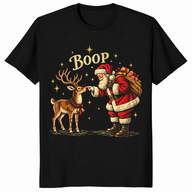 Black Christmas t-shirt with a vintage Santa booping a reindeer's nose under gold stars and the word Boop