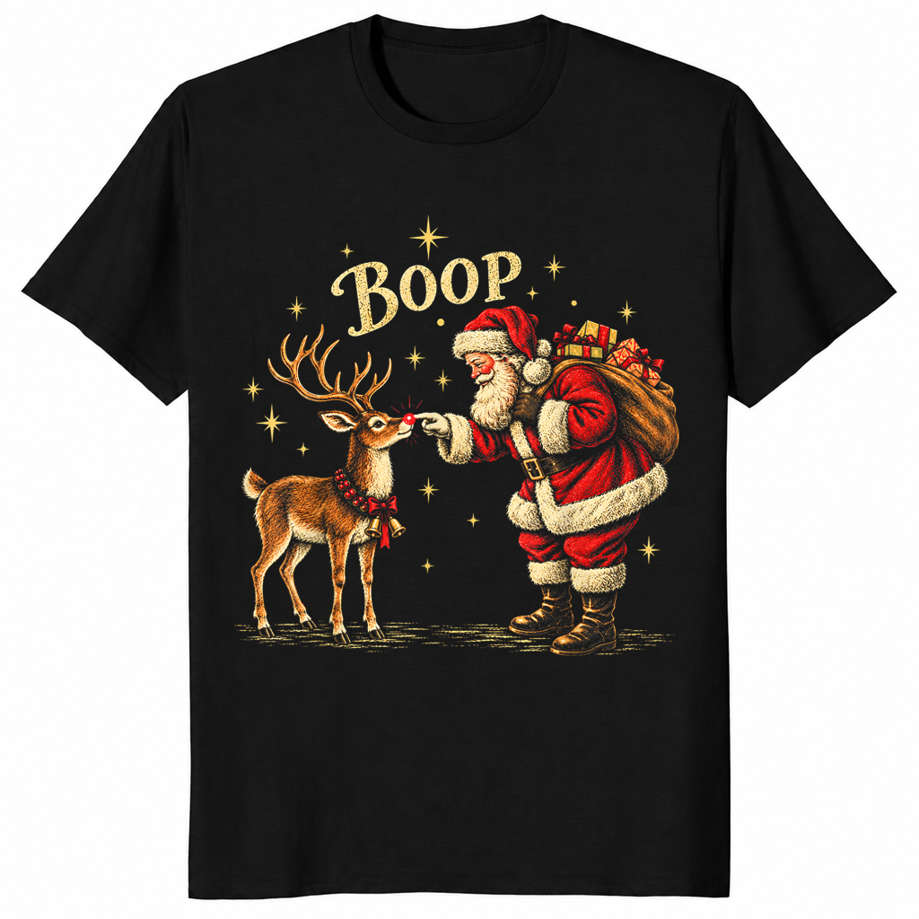 Black Christmas t-shirt with a vintage Santa booping a reindeer's nose under gold stars and the word Boop