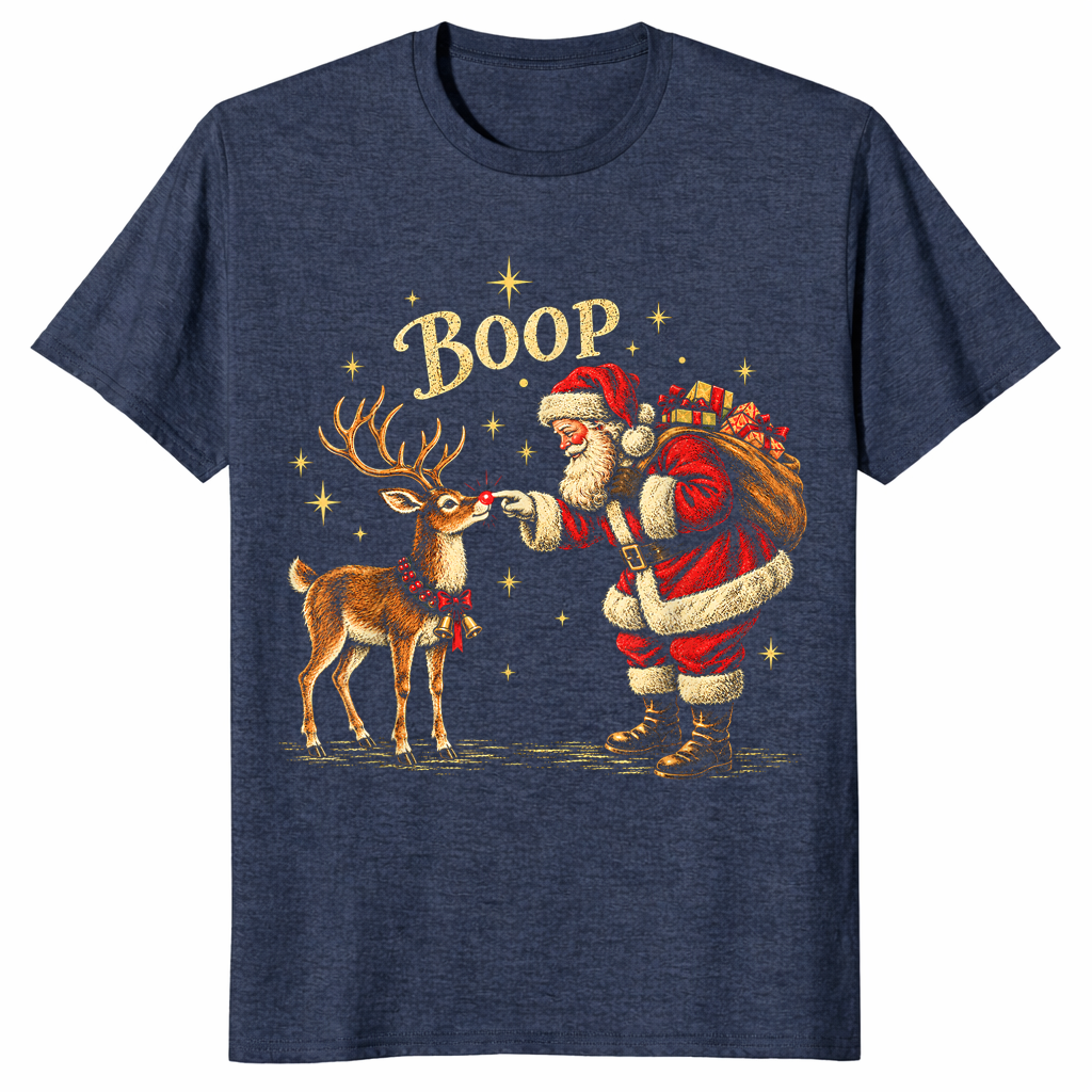 Heather navy holiday graphic tee of Santa giving a reindeer a nose boop
