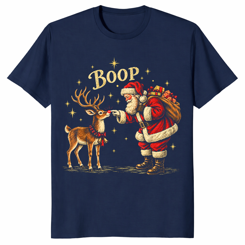 Navy vintage Santa and reindeer boop Christmas tee