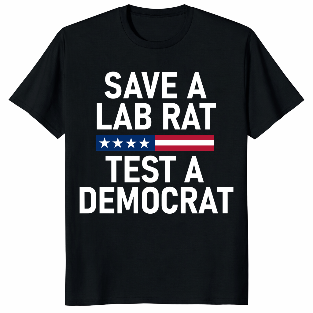 Save A Lab Rat Test A Democrat funny political t shirt with bold white text on black shirt