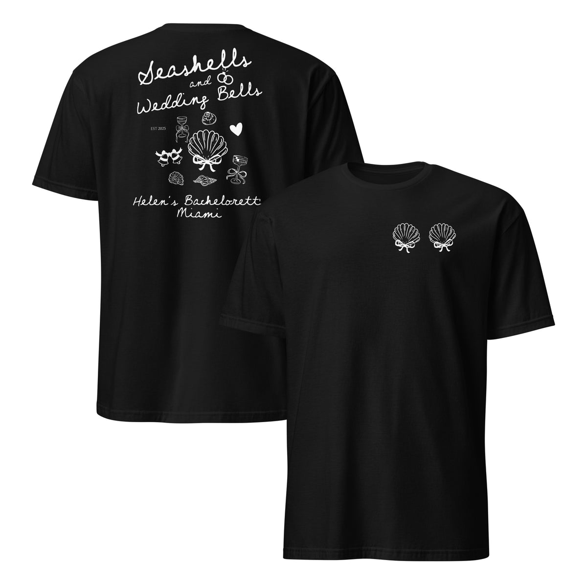 Seashells Wedding Bells Bachelorette Shirt with coastal shell graphics