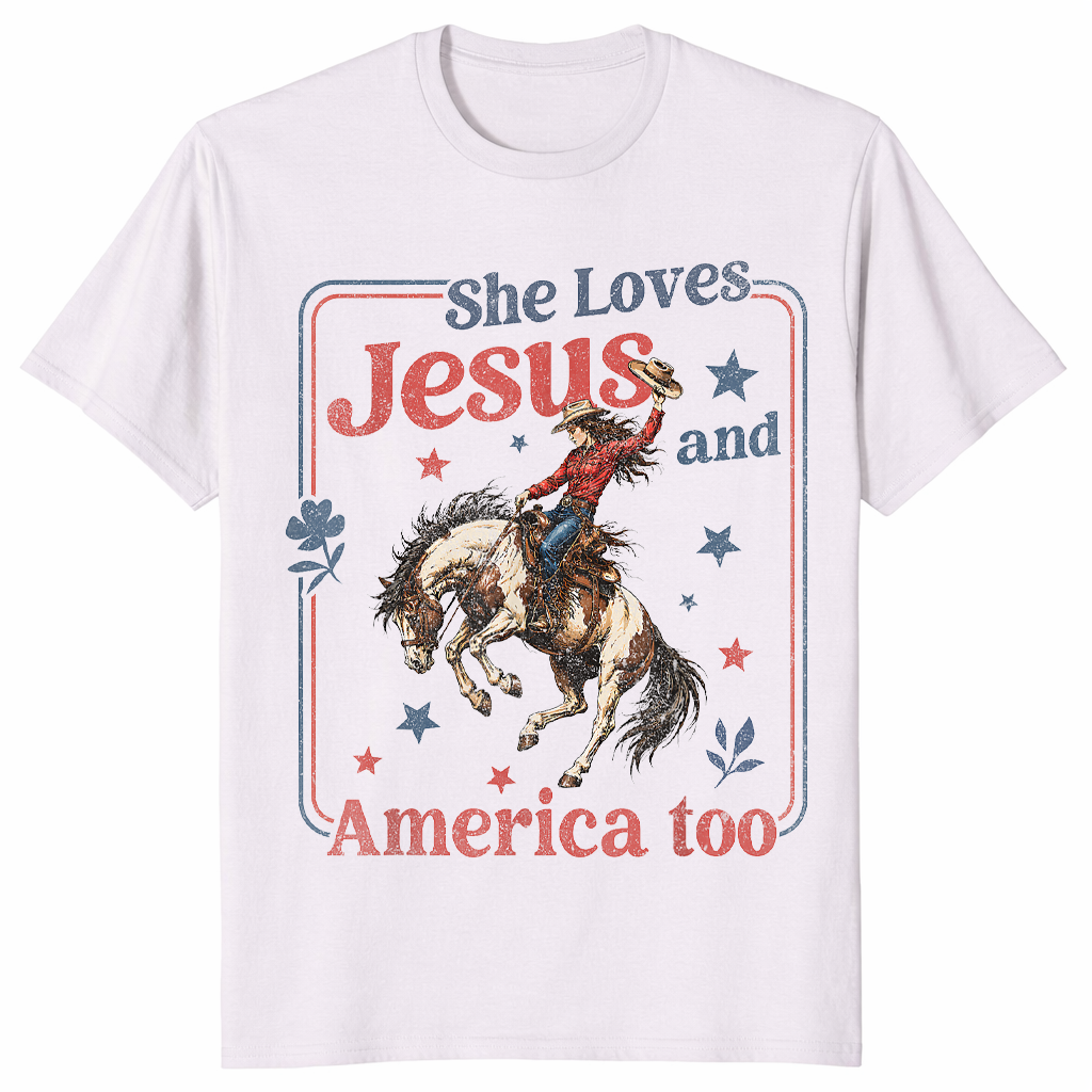 Ice Grey She Loves Jesus and America Too shirt in western cowgirl 4th of July styling