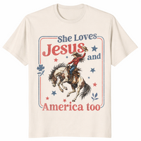 Natural She Loves Jesus and America Too shirt in western cowgirl 4th of July styling