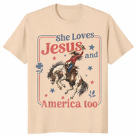 Sand She Loves Jesus and America Too shirt in western cowgirl 4th of July styling