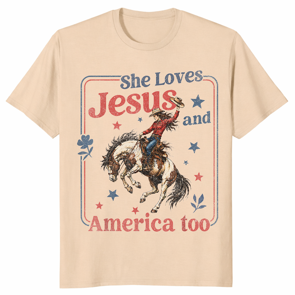 Sand She Loves Jesus and America Too shirt in western cowgirl 4th of July styling