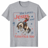 Sport Grey She Loves Jesus and America Too shirt in western cowgirl 4th of July styling