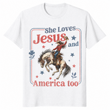 White She Loves Jesus and America Too shirt in western cowgirl 4th of July styling