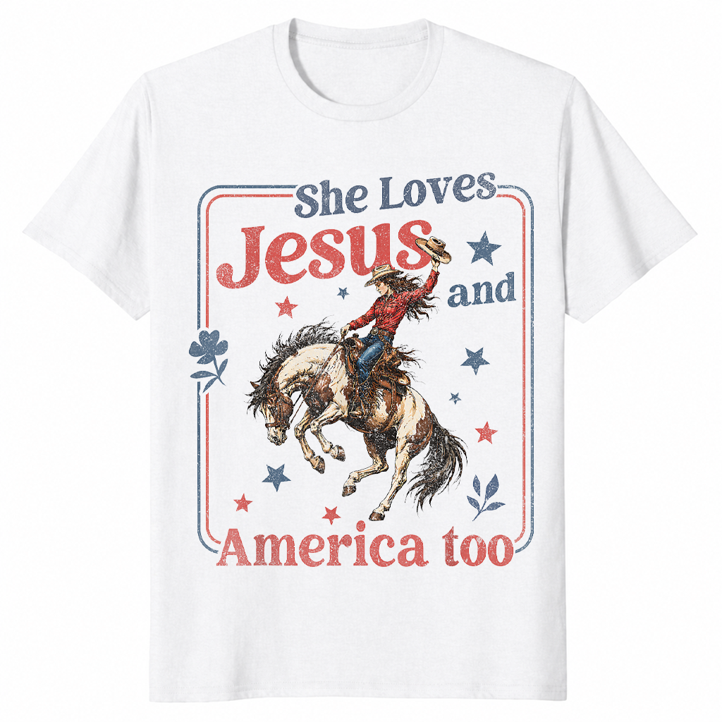 White She Loves Jesus and America Too shirt in western cowgirl 4th of July styling