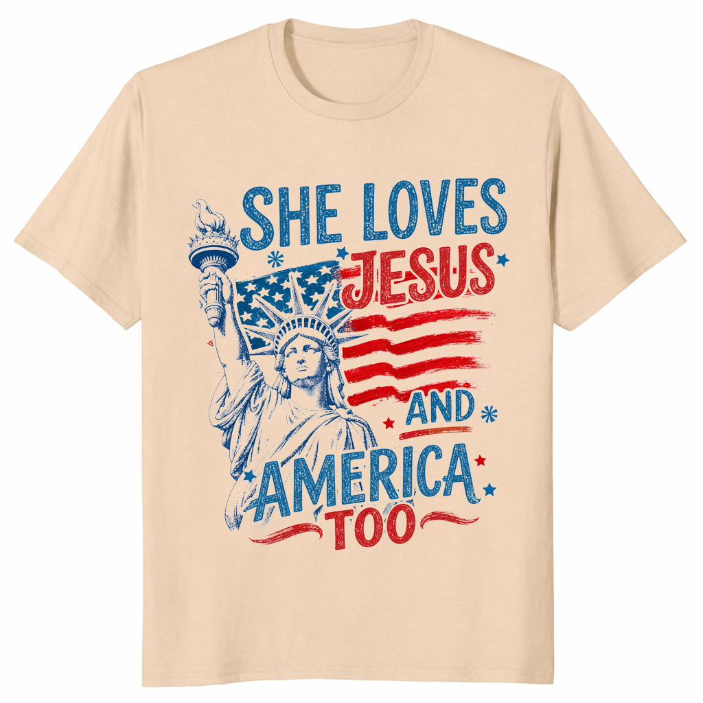 She loves Jesus and America too shirt in sand