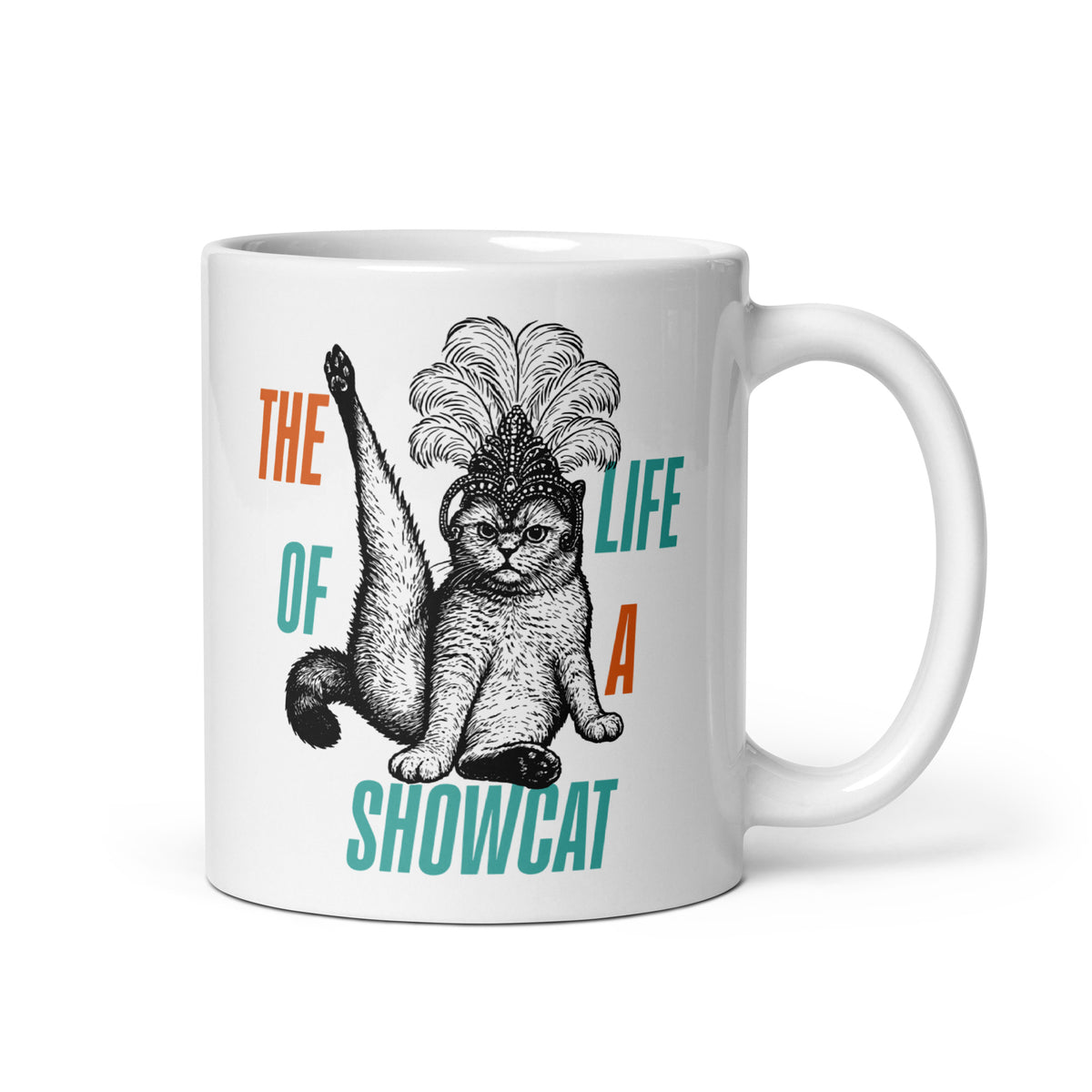 Show cat coffee mug with retro Scottish Fold cat illustration and funny text