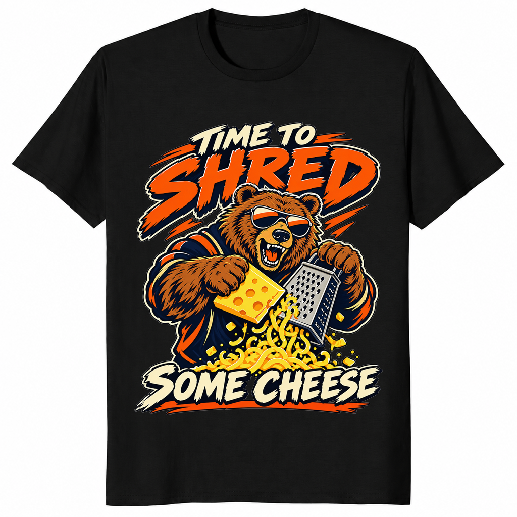 Shred some cheese shirt in black, bear grating cheese graphic tee