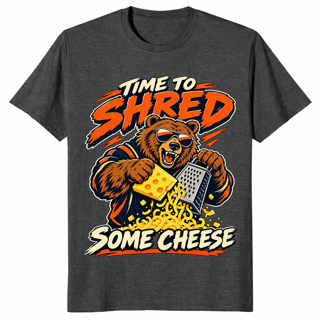 Shred some cheese shirt in dark heather grey, bear grating cheese graphic tee