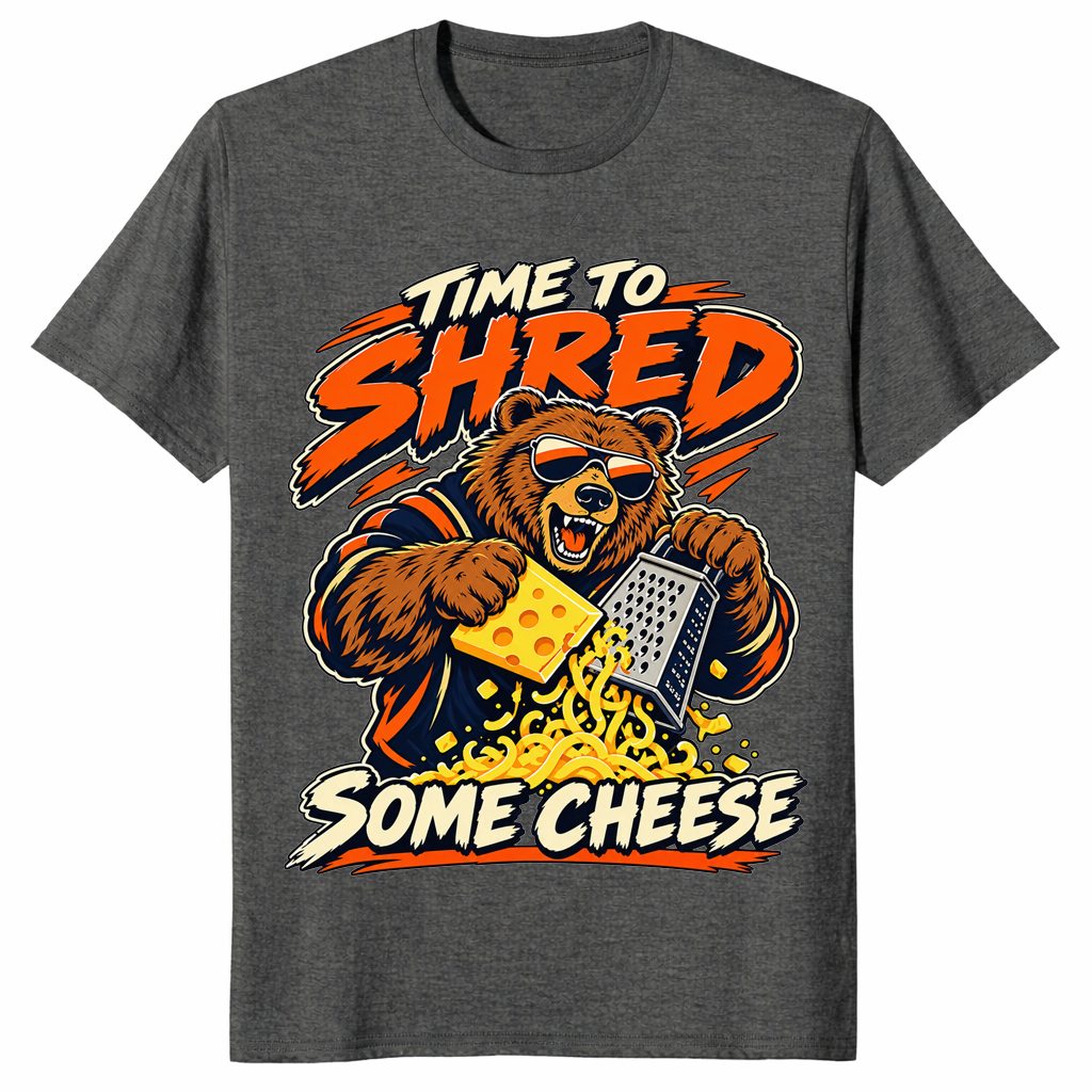 Shred some cheese shirt in dark heather, bear grating cheese graphic tee
