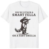 White Smart Fella or Fart Smella Retro Raccoon Shirt by Cuccico