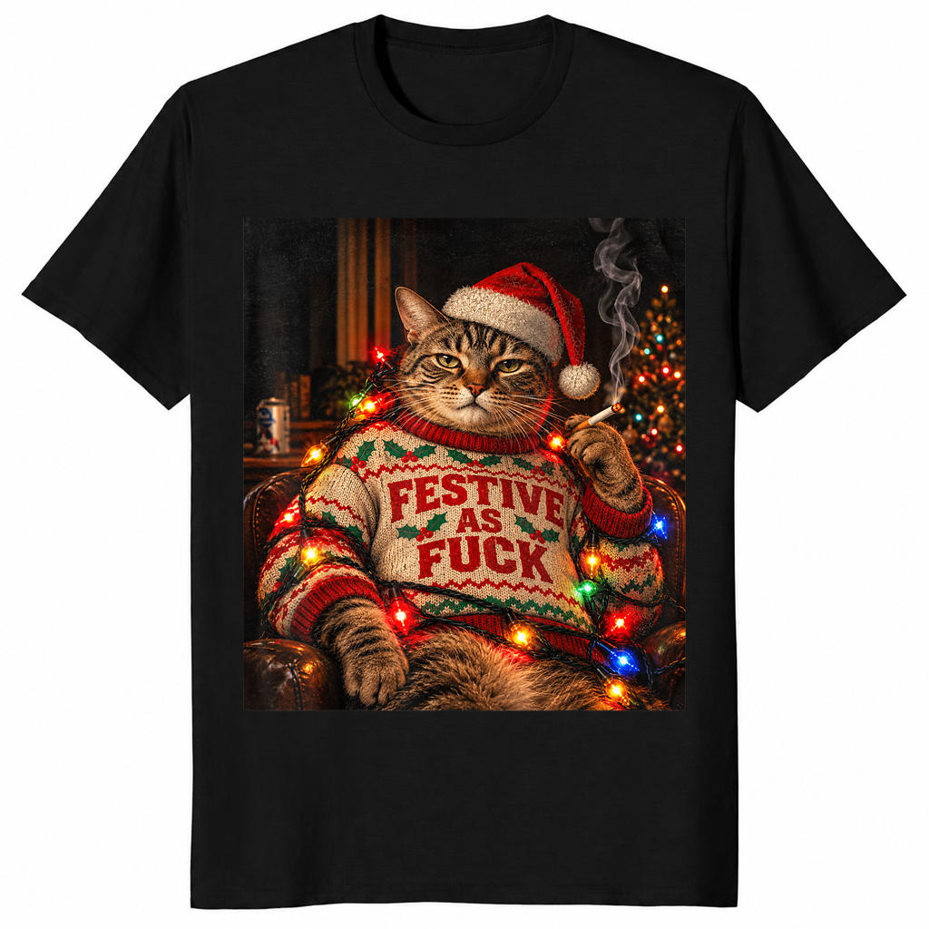 Smoking cat christmas shirt in black