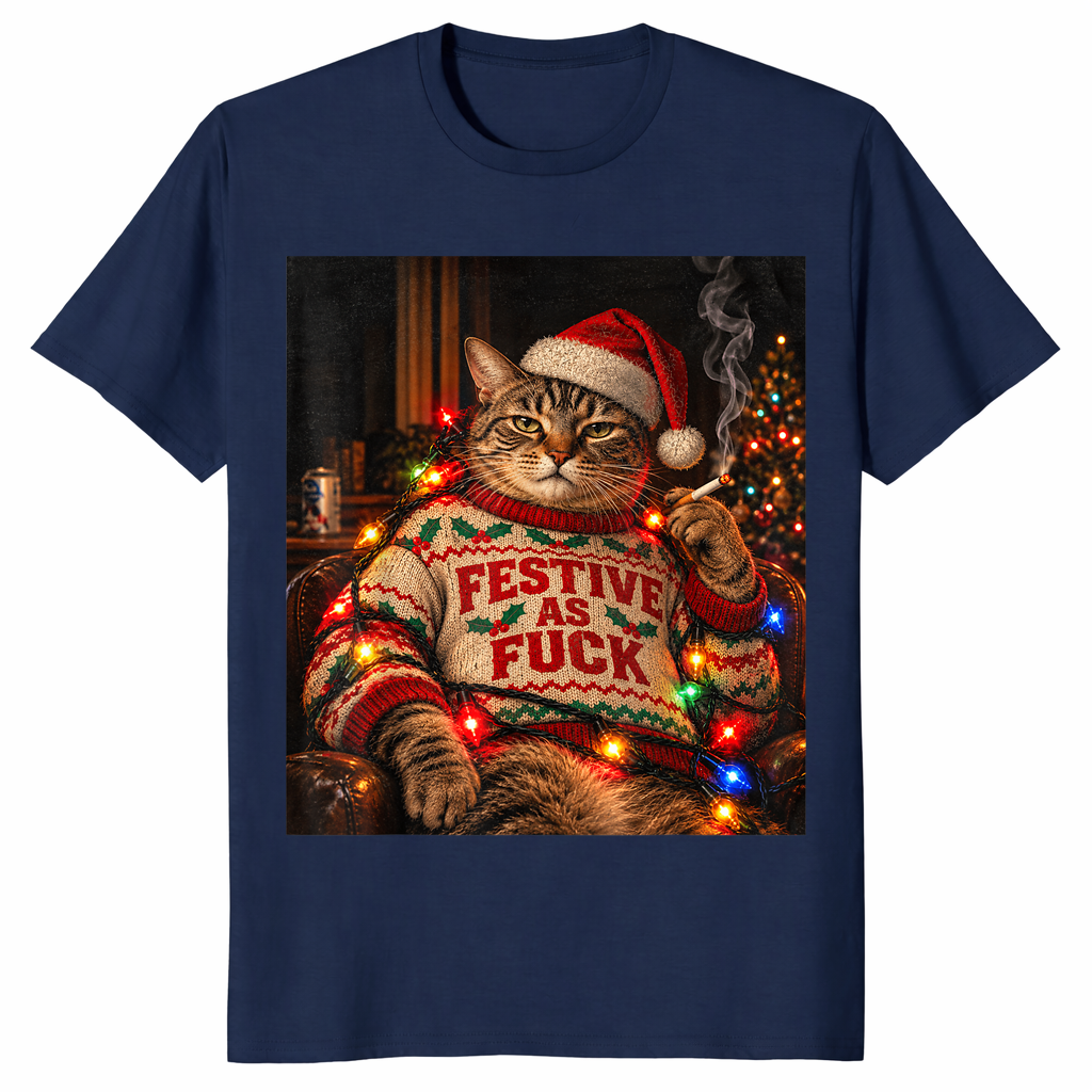 Smoking cat christmas shirt in navy