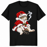 Smoking cat Christmas shirt in black, tabby in Santa suit smoking