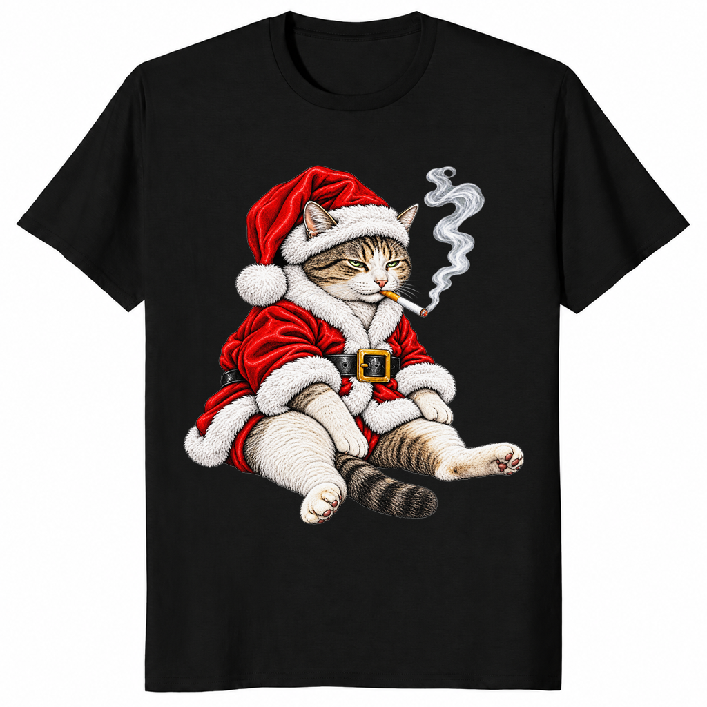 Smoking cat Christmas shirt in black, tabby in Santa suit smoking