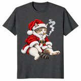 Smoking cat Christmas shirt in dark heather grey, tabby in Santa suit smoking
