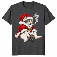 Smoking cat Christmas shirt in dark heather grey, tabby in Santa suit smoking