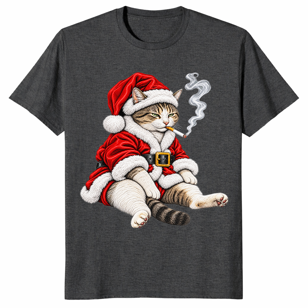 Smoking cat Christmas shirt in dark heather grey, tabby in Santa suit smoking