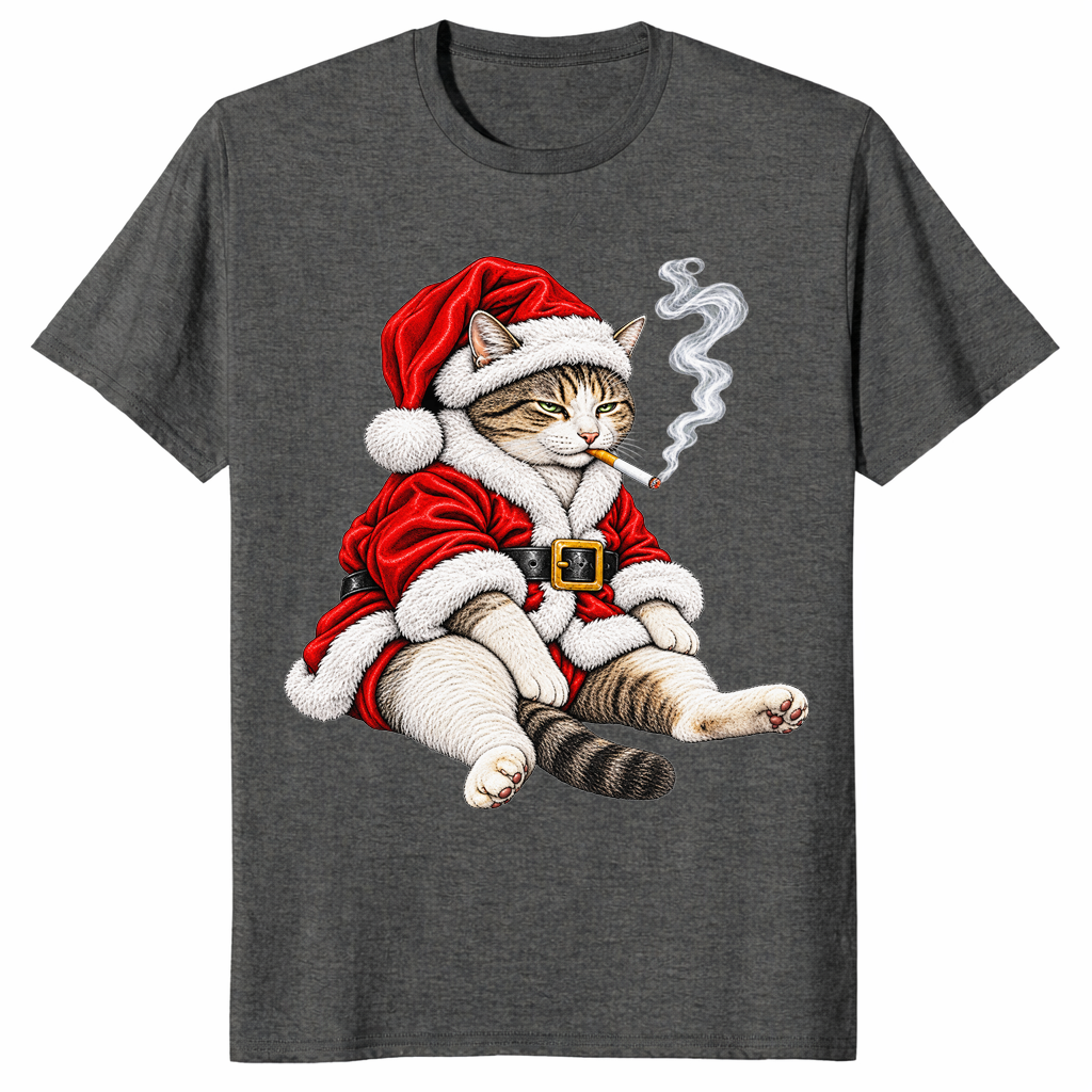 Smoking cat Christmas shirt in dark heather, tabby in Santa suit smoking