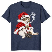 Smoking cat Christmas shirt in heather navy, tabby in Santa suit smoking