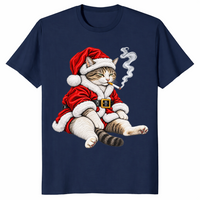 Smoking cat Christmas shirt in navy, tabby in Santa suit smoking
