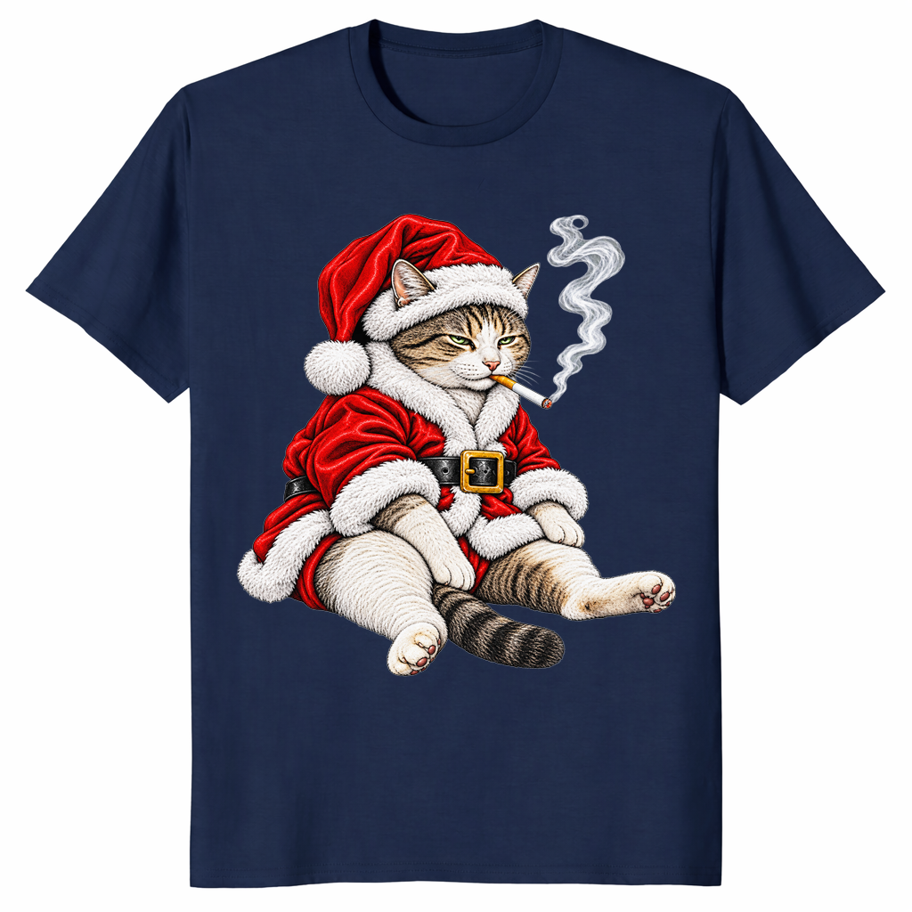 Smoking cat Christmas shirt in navy, tabby in Santa suit smoking