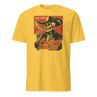 Daisy yellow Smoking Skeleton Tee with edgy cowboy design by Cuccico