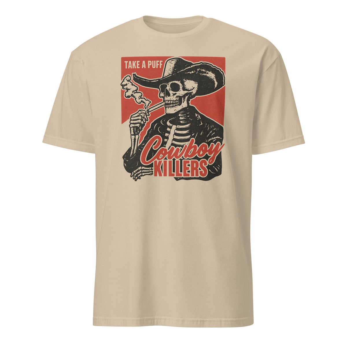 Sand colored Cowboy Killers Shirt with smoking skeleton artwork by Cuccico
