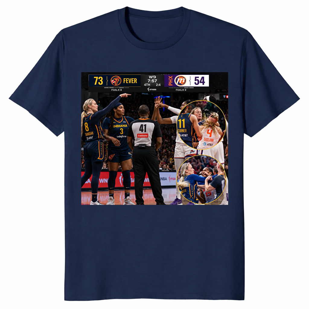 Sophie Cunningham pointing meme Indiana Fever fan tee in navy — viral WNBA moment shirt