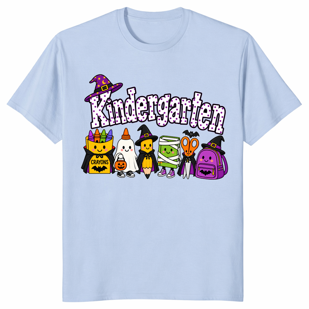 Spooky school supplies shirt in light blue