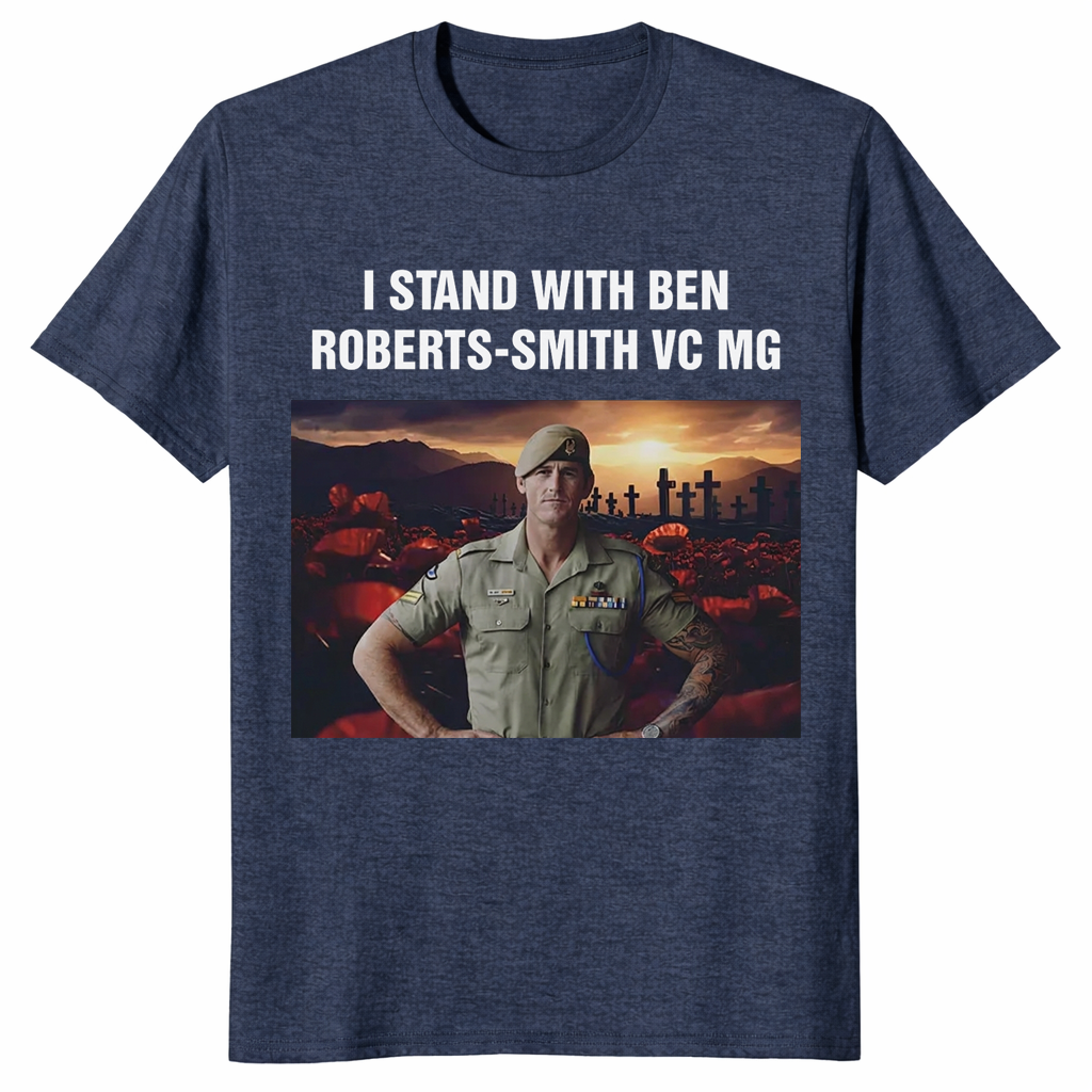 Heather Navy Stand With Ben statement tee with large graphic artwork