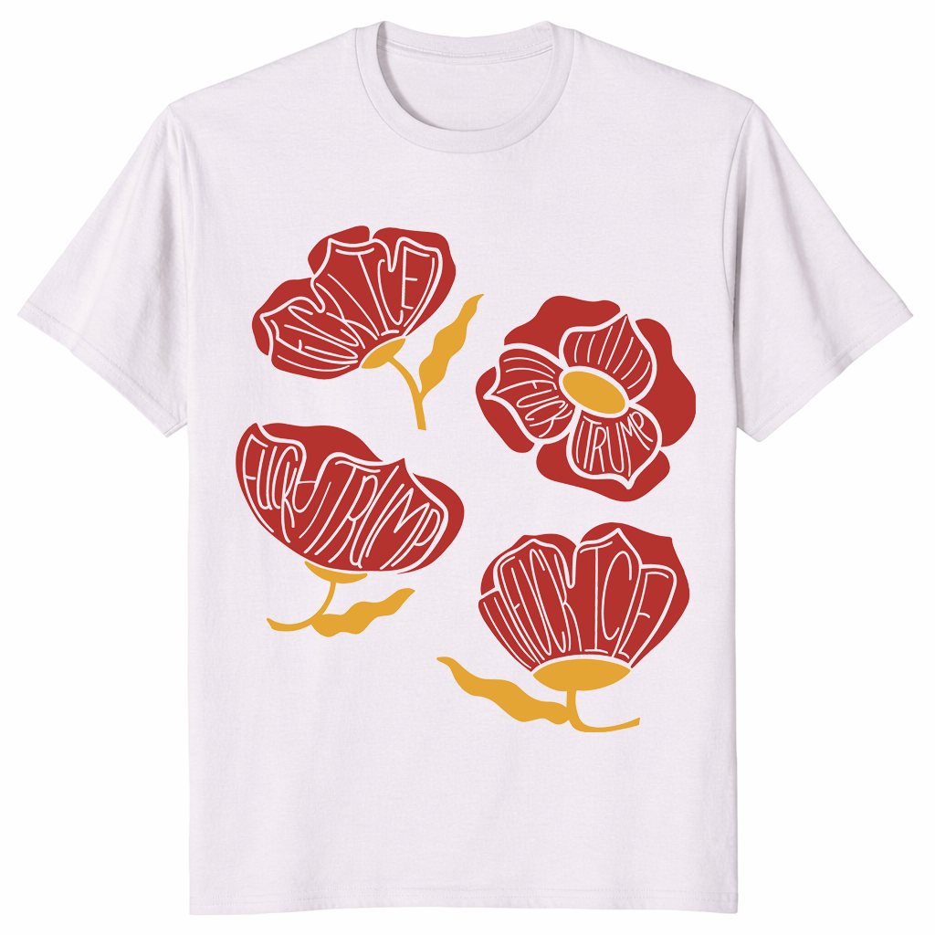 Subtle floral protest tee featuring red poppy artwork and anti Trump message