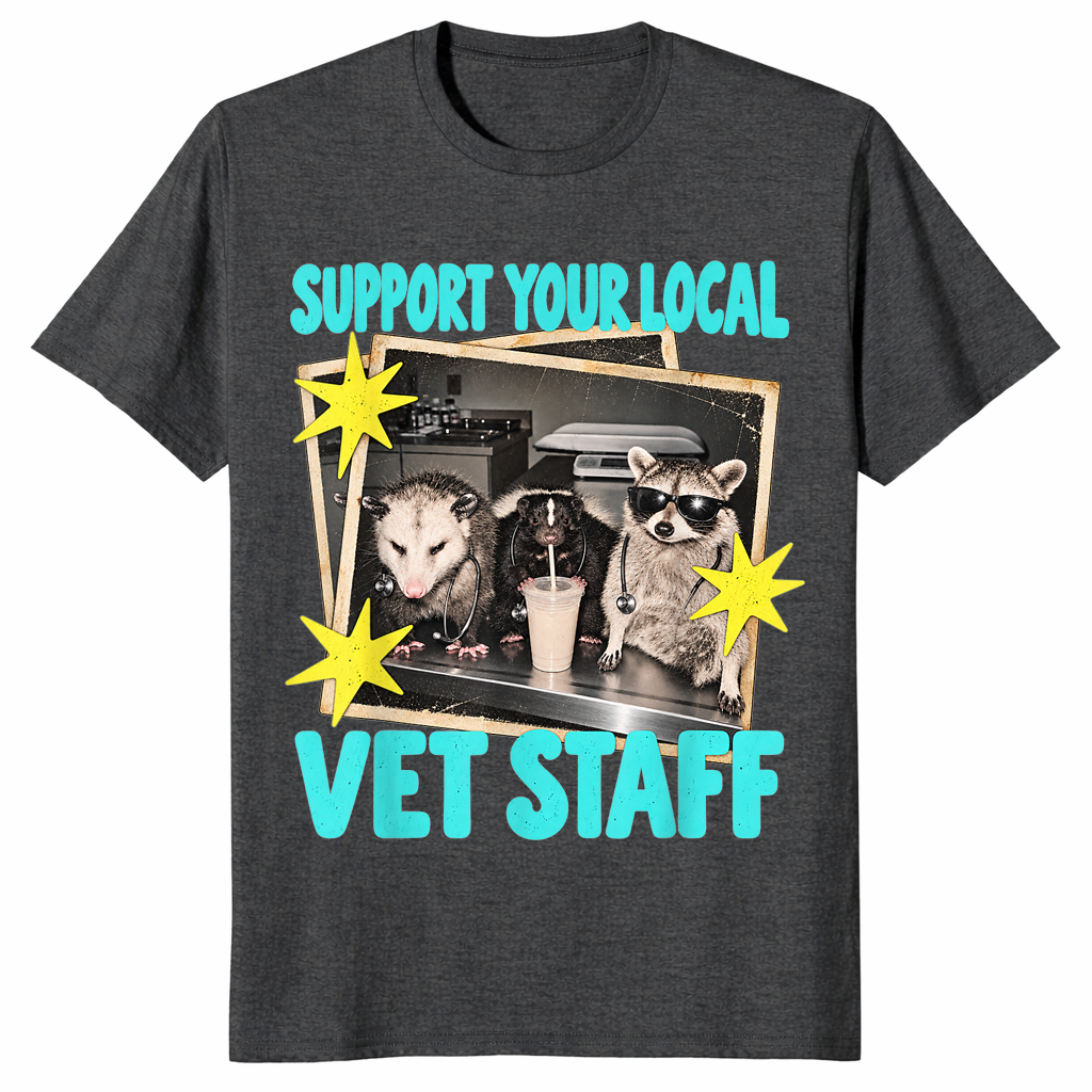 Support Your Local Vet Staff shirt in dark heather grey, funny vet tech tee with possum and raccoon