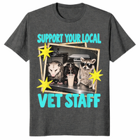 Support Your Local Vet Staff shirt in dark heather, funny vet tech tee with possum and raccoon