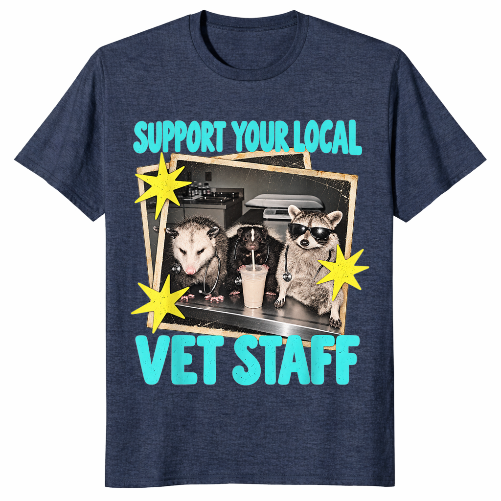 Support Your Local Vet Staff shirt in heather navy, funny vet tech tee with possum and raccoon