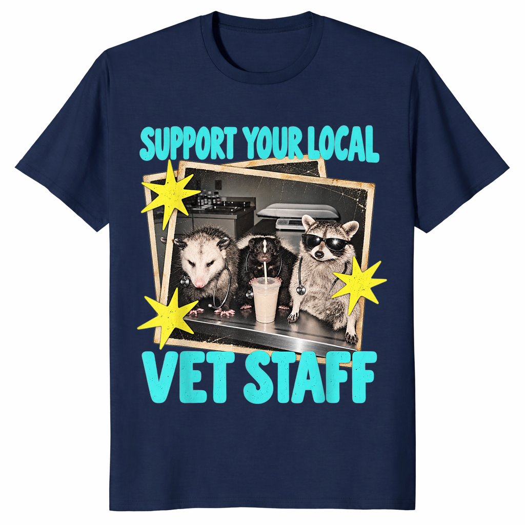 Support Your Local Vet Staff shirt in navy, funny vet tech tee with possum and raccoon