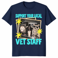 Support Your Local Vet Staff shirt in navy, funny vet tech tee with possum and raccoon