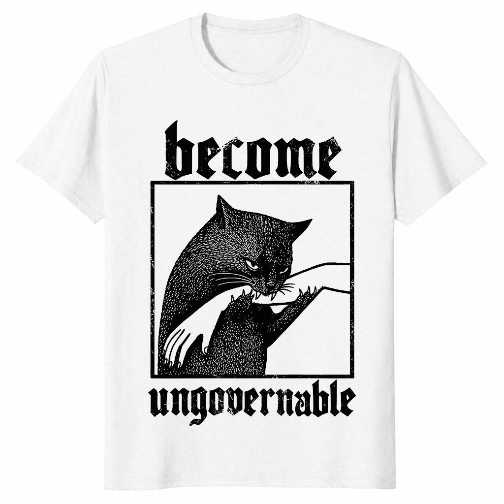T-shirt « Become Ungovernable » – T-shirt vintage humoristique représentant un chat qui mord une main