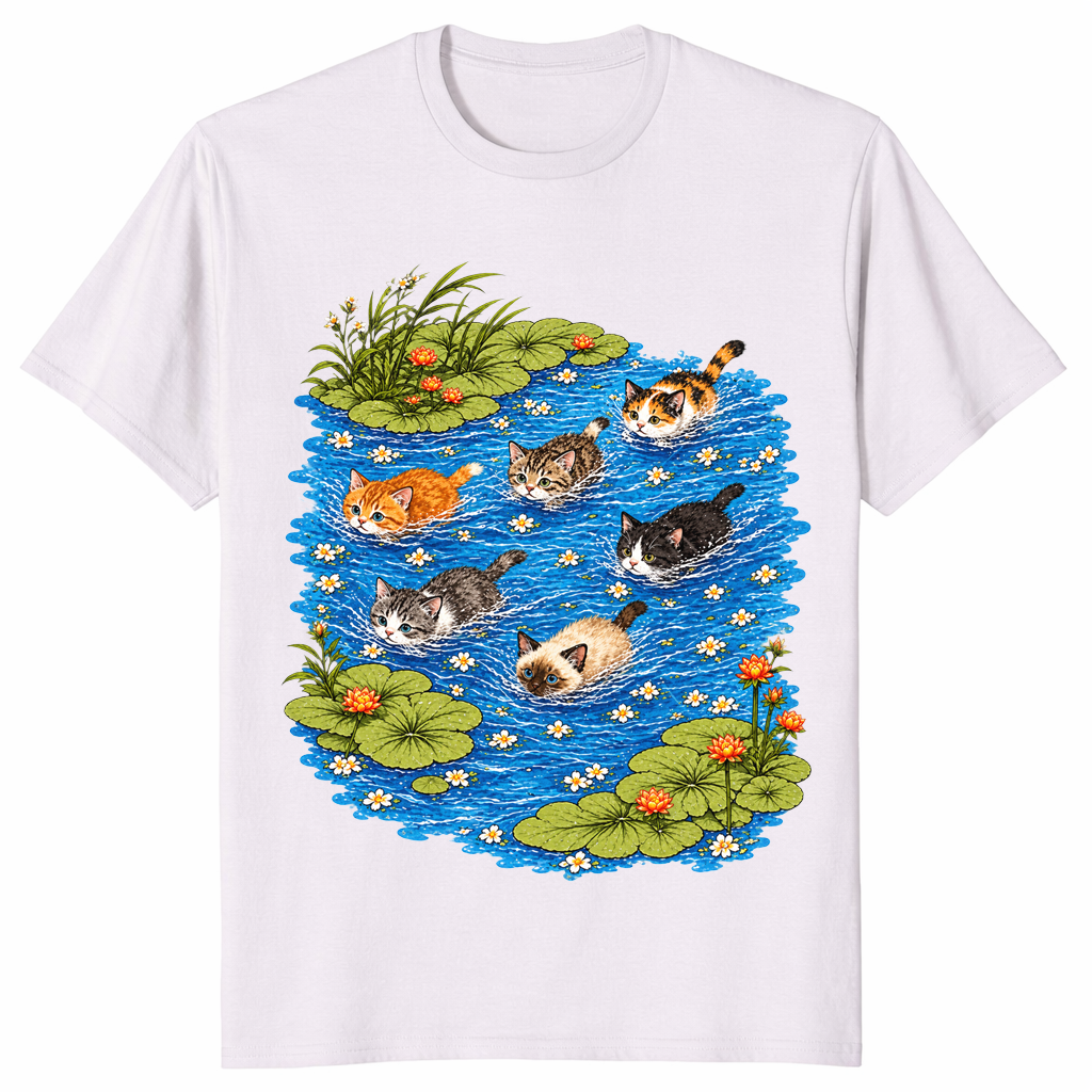 Swimming Cats t-shirt in ice grey, cute cats in a lily pond graphic tee