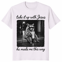 Take it up with Jesus shirt in ice grey, raccoon sipping iced coffee