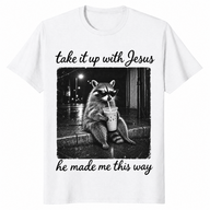 Take it up with Jesus shirt in white, raccoon sipping iced coffee