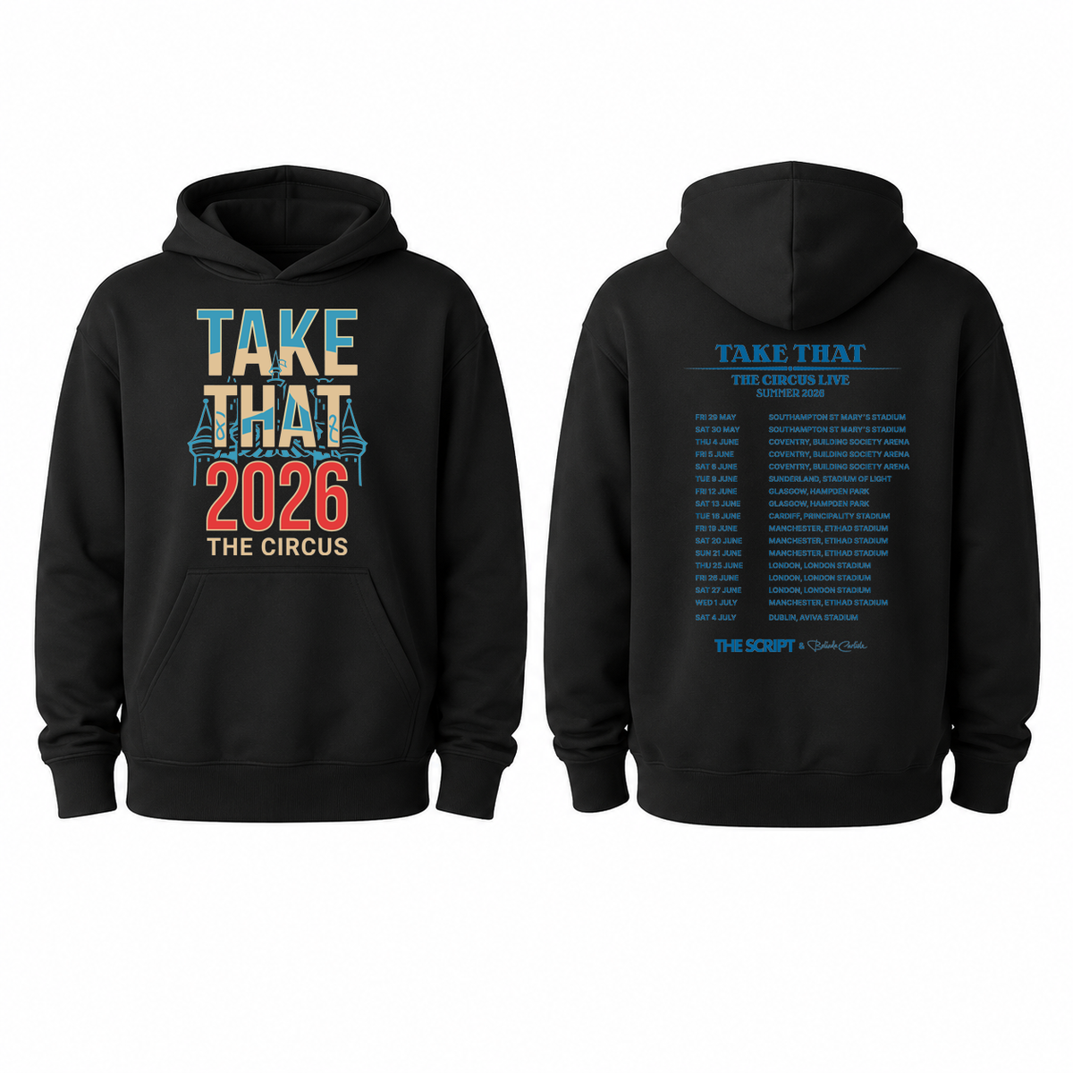 Take That Circus Live 2026 Tour Hoodie in Black — unisex fan pullover