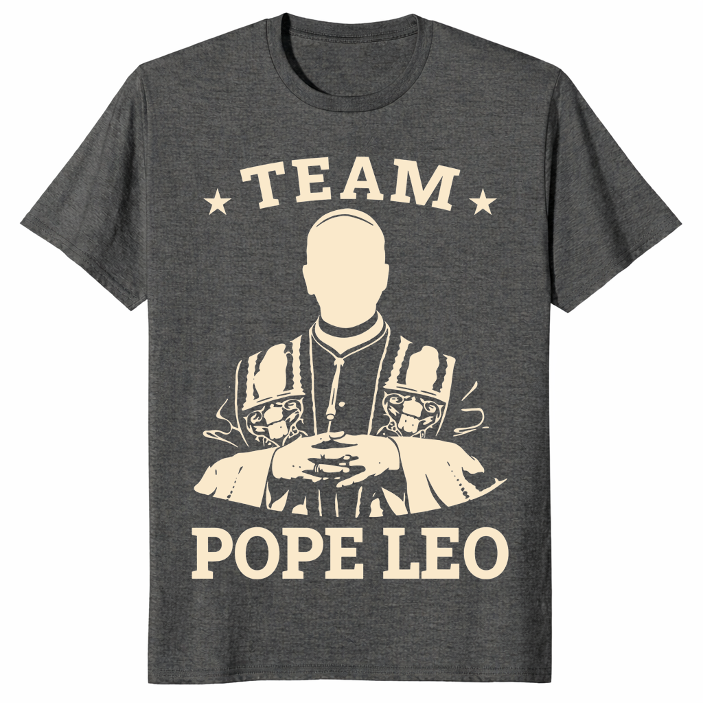 Pope Leo XIV shirt in dark heather with varsity inspired design