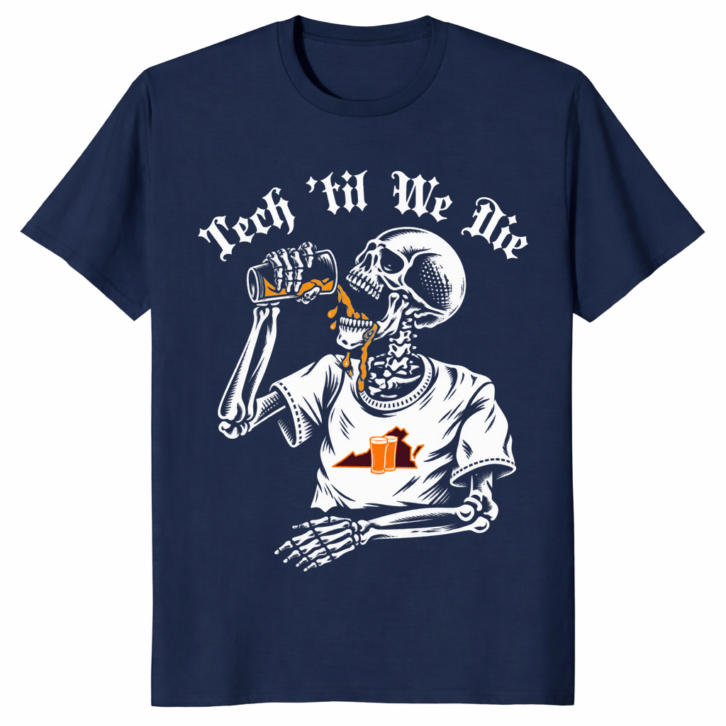 Tech till we die shirt in navy, college game day fan tee