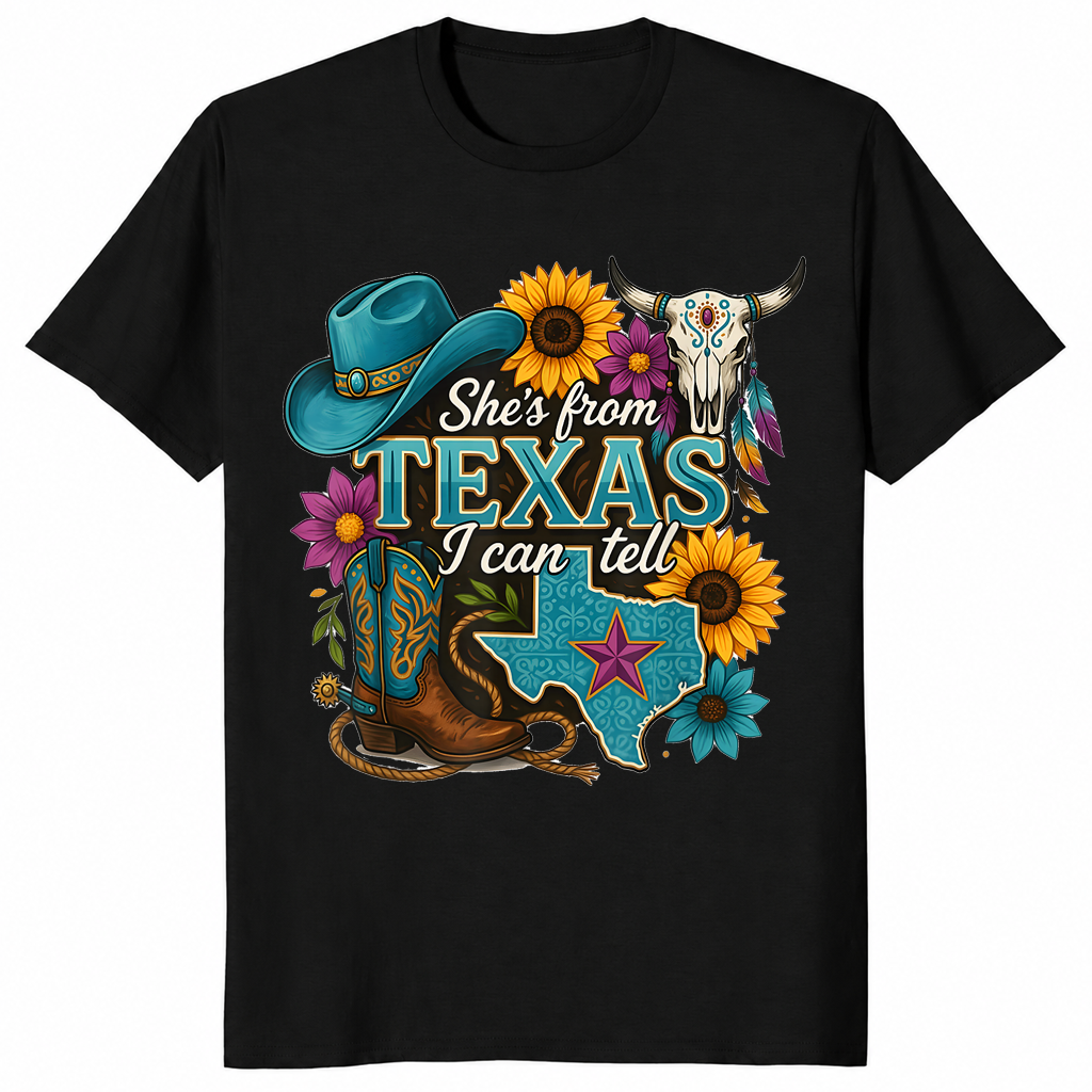 Texas cowgirl shirt in blue design, black shirt color